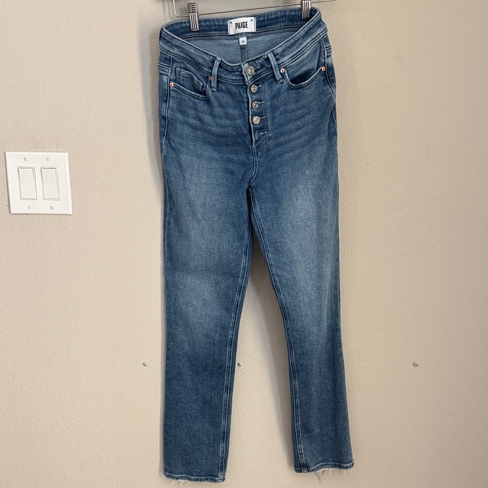 PAIGE Straight-Leg Medium Blue Button-Fly Jeans